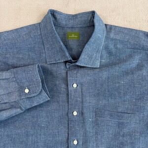 Sid Mashburn Chambray Linen Blend Spread Collar Shirt Men 2XL Blue Italian $200